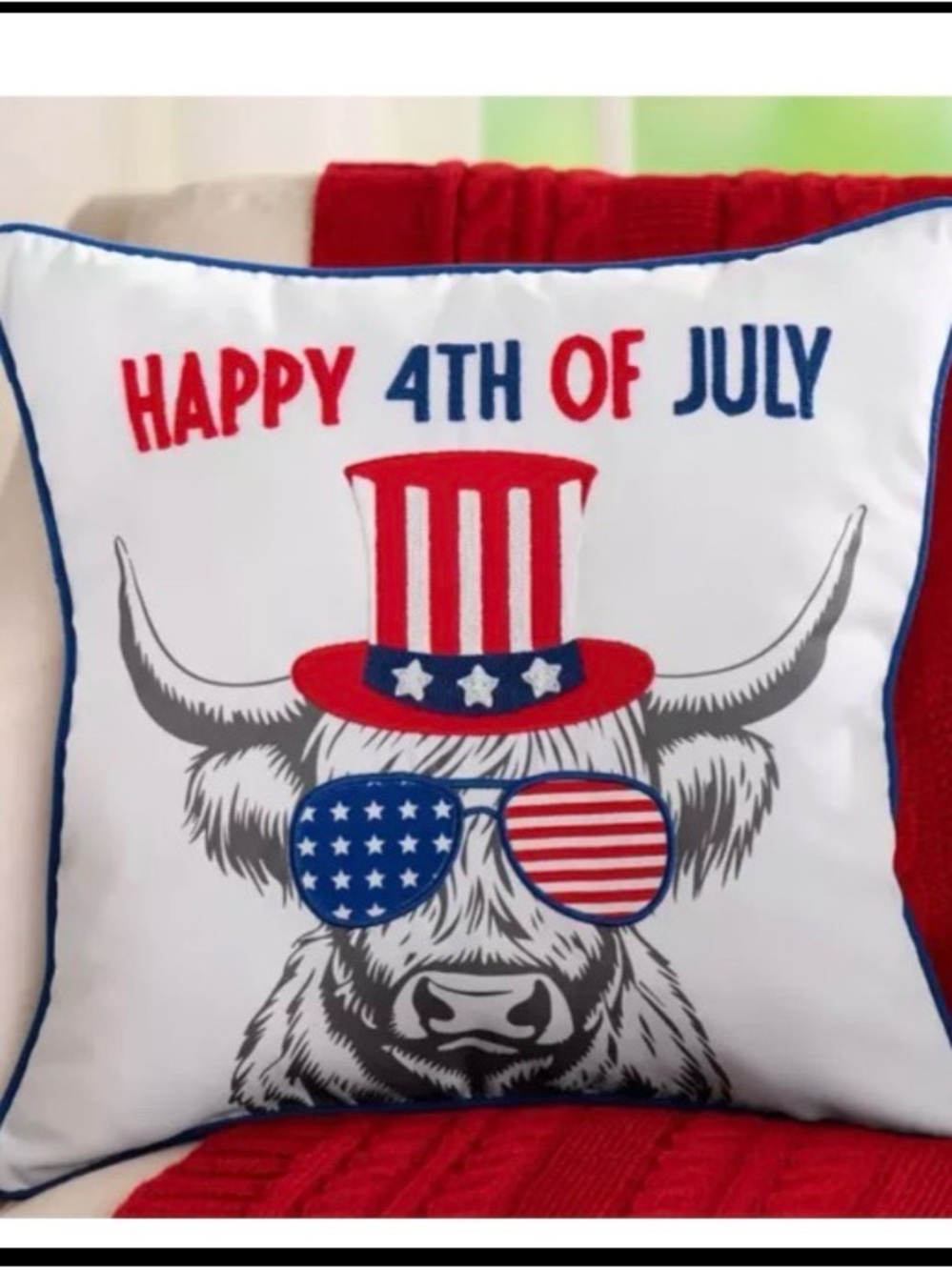 Highland Cow Pillow Cover Happy 4th of July Embroidered Accents